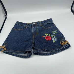 Vintage Jordache Dark Blue Jean Shorts with Floral Embroidery Girls Size 10